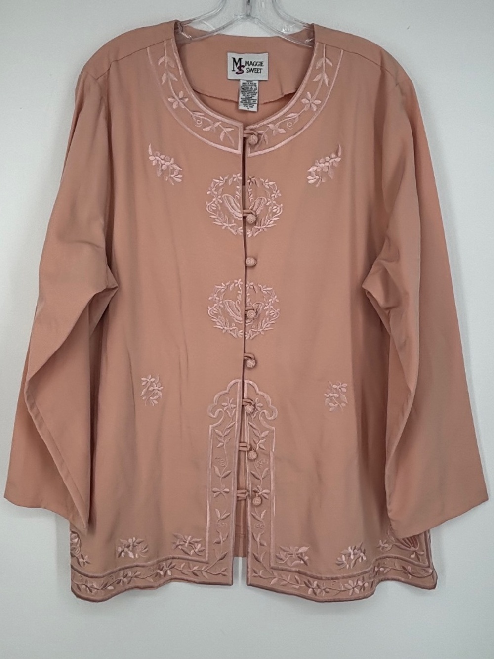 Maggie Sweet Womens 1X Blazer Cardigan Jacket Blush Pink Embroidered Asian Style